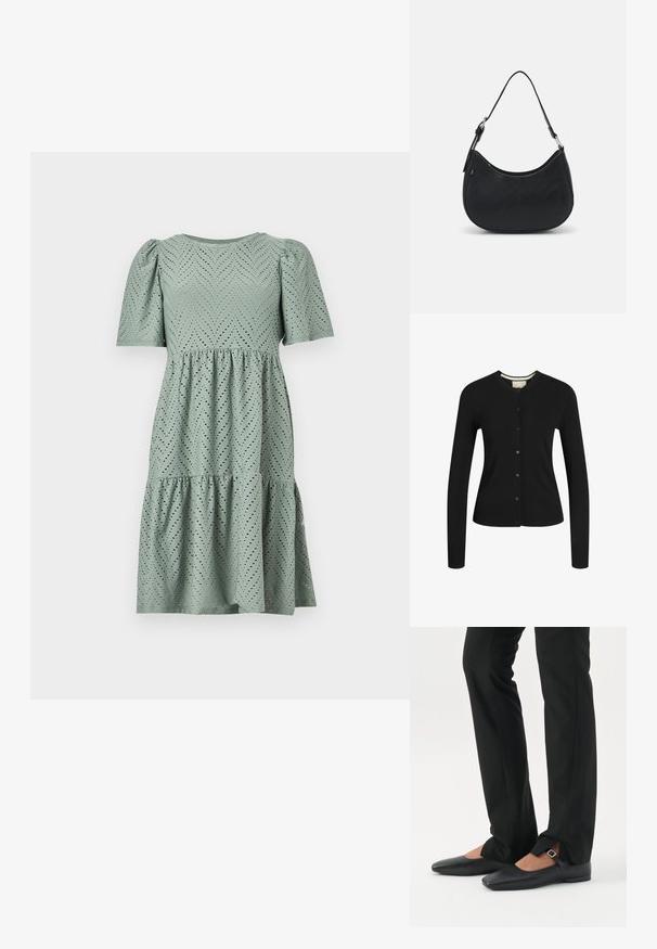 Zwarte lange mouw cardigan gemaakt van zachte stof, met een ronde halslijn, knoopsluiting, ribbels aan de onderkant en een gestructureerde pasvorm.; Lichtgroene jurk met korte pofmouwen, een ronde halslijn en een geplooide rok. Heeft een visgraatpatroon met kleine uitsparingen overal.; Benen met zwarte smalle broek met voorsplitten aan de zoom, gecombineerd met zwarte platte Mary Jane-schoenen met een klein gespje.; Zwarte hobo tas van soepel leer met een gebogen silhouet, voorzien van een enkele verstelbare schouderriem en minimalistische ontwerpdetails.