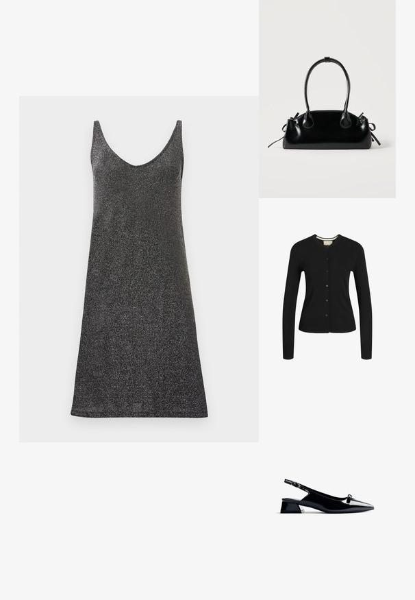 Cárdigan negro de manga larga hecho de una tela suave, con un cuello redondo, cierre de botones, dobladillo acanalado y un ajuste estructurado.; Vestido negro ajustado con un profundo escote en V, hecho de una tela brillante. Presenta tirantes finos y una silueta recta, asegurando una textura suave.; Zapato slingback negro de charol con punta afilada y tacón bajo cuadrado, con un detalle en plata. Diseño elegante con un mínimo de adornos.; Pequeño bolso negro brillante con dos asas largas y detalles de cordón lateral sobre un fondo claro liso.
