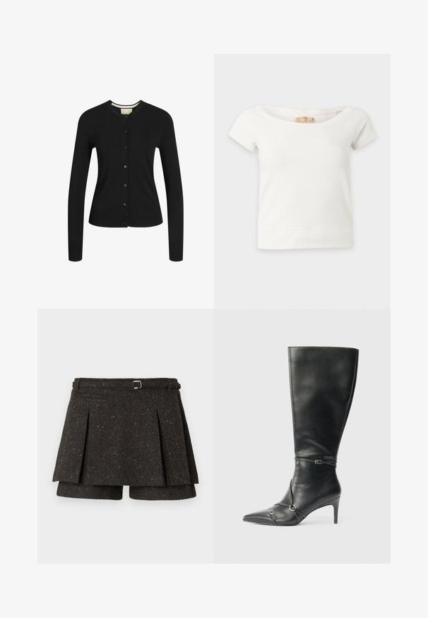 Zwarte lange mouw cardigan gemaakt van zachte stof, met een ronde halslijn, knoopsluiting, ribbels aan de onderkant en een gestructureerde pasvorm.; Witte cropped top met korte mouwen en brede halslijn, met zichtbaar Hollister-merkje aan de binnenkant van de kraag, plat neergelegd op een effen achtergrond.; Donkergrijze, gespikkelde skort van een wolblend met plooien, een zijriem met metalen gesp en verborgen korte broek eronder.; Zwarte leren kniehoge laarzen met een slanke hak, puntige neus en banddetail bij de enkel. Gladde textuur en aansluitend ontwerp.