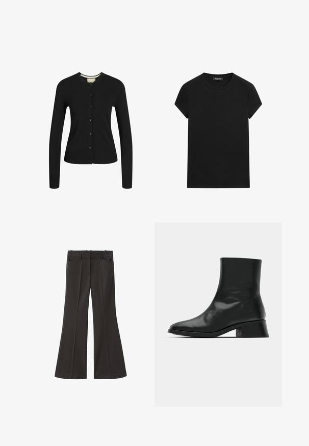 Zwarte lange mouw cardigan gemaakt van zachte stof, met een ronde halslijn, knoopsluiting, ribbels aan de onderkant en een gestructureerde pasvorm.; Zwart T-shirt met korte mouwen en ronde hals met een zichtbaar merklabel bij de hals, gecentreerd op een witte achtergrond.; Zwarte flared broek met een hoge taille; beschikt over twee voorkeurszakken en een gladde stoftextuur. Geschikt voor verschillende gelegenheden.; Zwarte enkelboot van glanzend leer, met een slank ontwerp, spitse neus en een gematigde blokhak voor stabiliteit.