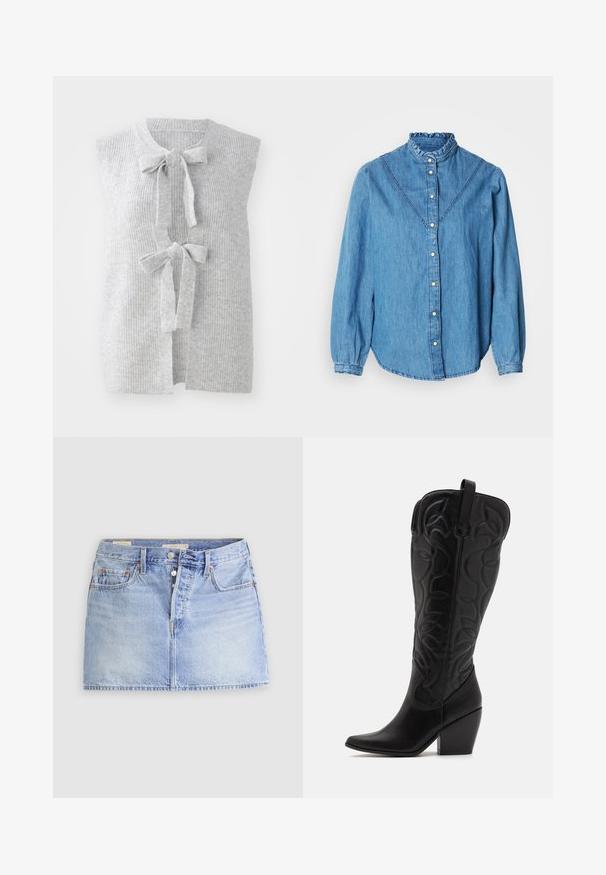 Grå, ærmeløs strikket vest med ribbet tekstur og to frontsløjfer. Åben frontdesign med et blødt, let materiale.; Blå denimskjorte med højt flæsekrave, knaplukning foran og lange ærmer. Har dekorative syninger og en let buet kant.; Lyseblå denim mininederdel med knapper foran, bæltestropper og to forlommer på en ensfarvet lys baggrund.; Sorte knæhøje støvler i læder med spids snude og lagdelt hæl. Har dekorative syninger og buede designelementer.