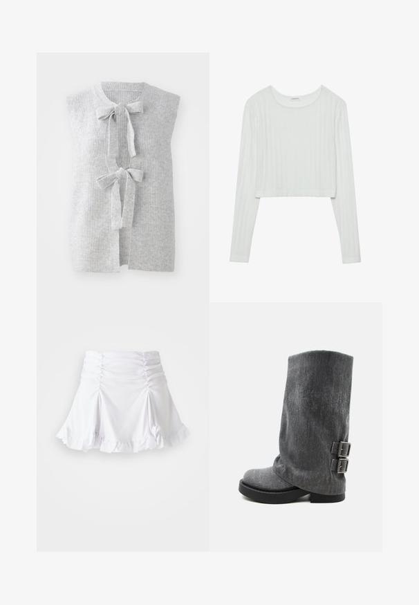 Grå, ærmeløs strikket vest med ribbet tekstur og to frontsløjfer. Åben frontdesign med et blødt, let materiale.; Hvid langærmet crop-top lavet af ribbet stof. Har en rund halslinje og en glat tekstur med subtile lodrette linjer.; Hvid nederdel lavet af tekstureret stof med rynkedetaljer og bølger. Har en udvidet design med en tætsiddende talje.; Grå midt på læggen slouchy støvle med sort sål og to justerbare side-spænder vist i profil på hvid baggrund.