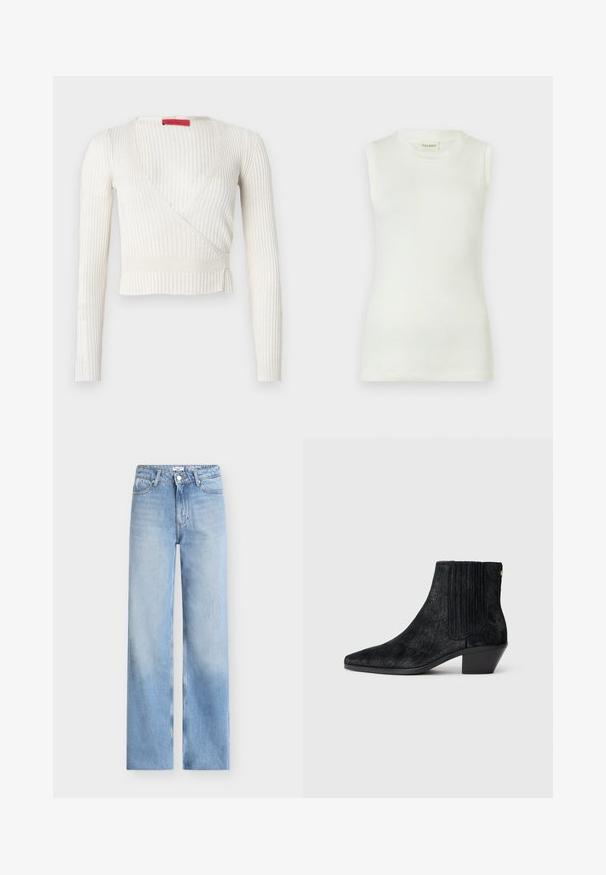 Haut cache-cœur à manches longues blanc à côtes, présentant un décolleté en V profond et une taille cintrée. Le tissu est doux, léger, avec peu de détails.; Haut blanc sans manches en coton doux, avec un col rond et une silhouette ajustée. Texture lisse sans motifs ni accents visibles.; Jean bleu clair avec une coupe droite, cinq poches et une fermeture classique à bouton à la taille. Texture de denim lisse.; Bottine noire à bout pointu, en matériau texturé imitant les cheveux, avec un panneau latéral à nervures et un petit talon carré. Un design simple et moderne.