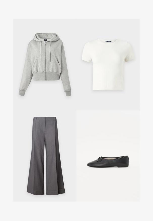 Haut gris coupé en tissu doux, avec une fermeture éclair à l'avant, une capuche avec cordon de serrage et deux poches avant avec des poignets côtelés.; T-shirt blanc à manches courtes fabriqué à partir d'un matériau doux. Présente un design classique à col rond et une coupe ajustée sans motifs ni accents visibles.; Pantalons larges gris en tissu texturé, avec une taille haute et des plis avant. Les finitions d'ourlet sont nettes sans accents supplémentaires.; Ballerine en cuir noir avec un bout rond et un détail de nœud décoratif. Le design présente une texture lisse et un talon bas et plat.