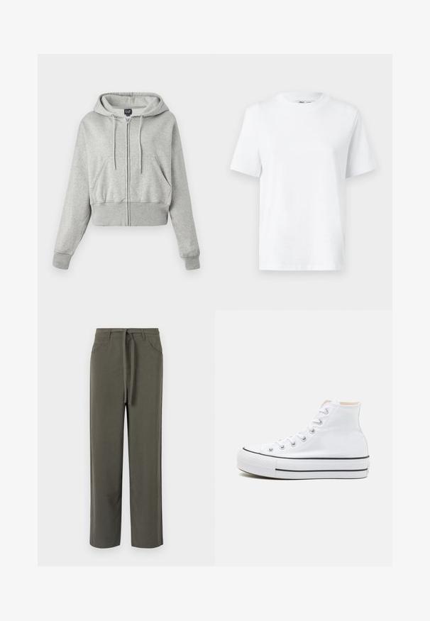 Haut gris coupé en tissu doux, avec une fermeture éclair à l'avant, une capuche avec cordon de serrage et deux poches avant avec des poignets côtelés.; T-shirt en coton blanc à col rond, avec des manches courtes et une texture lisse. Conçu avec une coupe décontractée pour plus de confort et de polyvalence.; Pantalons vert olive en tissu doux, à coupe droite, avec des poches arrière et latérales, et un lien à la taille.; Baskets montantes blanches en toile, semelle en caoutchouc noir et bande noire contrastante sur la semelle intermédiaire. Bout rond et design à lacets.
