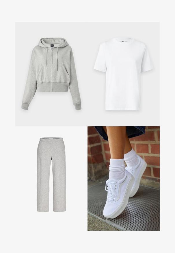 Haut gris coupé en tissu doux, avec une fermeture éclair à l'avant, une capuche avec cordon de serrage et deux poches avant avec des poignets côtelés.; T-shirt en coton blanc à col rond, avec des manches courtes et une texture lisse. Conçu avec une coupe décontractée pour plus de confort et de polyvalence.; Pantalon de survêtement gris clair, coupe droite, avec taille élastique et petit logo blanc sur la cuisse supérieure.; Baskets en toile blanches avec semelles en caoutchouc, dotées de six œillets, d'un bout rond et de détails de couture légers, portées avec des chaussettes blanches mi-mollet.