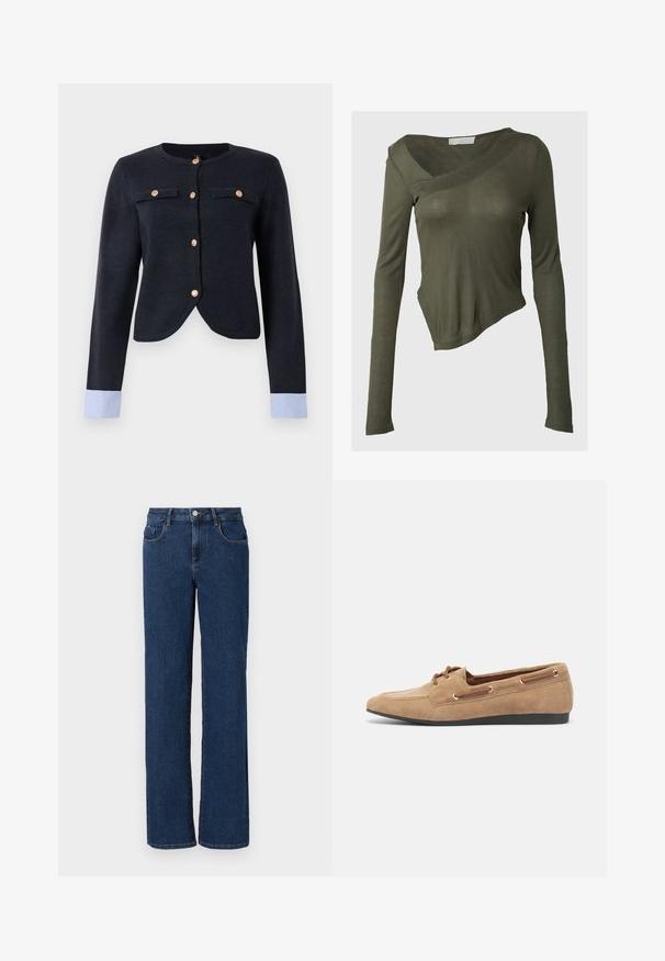 Cardigan tricot marine avec un col rond, fermeture à boutons, deux poches avant et des poignets rayés bleu clair. Tissu texturé et coupe ajustée.; Haut à manches longues vert olive avec un ourlet cropped et asymétrique et un décolleté en V profond. Fabriqué en tissu doux et léger.; Jean en denim bleu foncé avec une coupe droite, cinq poches, une fermeture à bouton et à zip, et des coutures contrastées le long des coutures.; Chaussure bateau en daim de couleur beige clair avec un bout arrondi, un laçage, des œillets dorés et une semelle en caoutchouc noir. Texture douce, style décontracté.