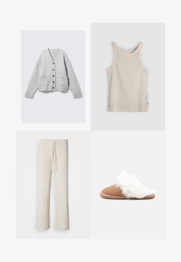 Cardigan gris en maille avec un col en V, des poignets côtelés et deux poches frontales. Comprend six boutons noirs centrés. Texture douce.; Débardeur beige côtelé sans manches avec encolure ronde et coupe ajustée, présenté sur un fond gris.; Pantalons larges beiges en tissu doux, dotés d'une taille élastique avec cordon de serrage et d fentes sur les côtés à l'ourlet.; Mocassin en suede marron avec doublure en fourrure blanche et semelle crantée, présenté en profil latéral sur fond blanc.
