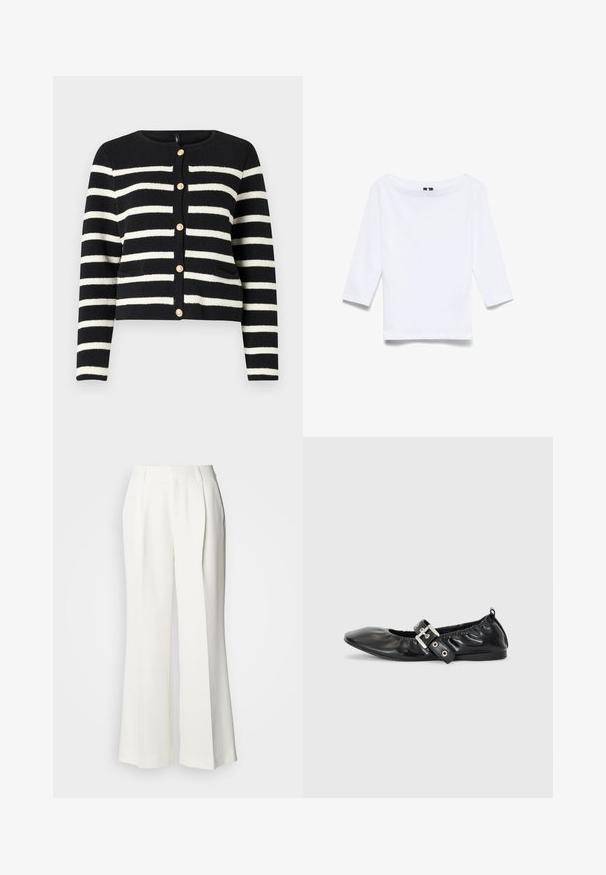 Cardigan rayé noir et blanc avec un col rond, boutons dorés sur le devant et deux poches avant. Tissu en maille texturée.; Chemise blanche à manches trois-quarts en tissu mélangé coton ; présente un large col bateau et une texture lisse et légère.; Pantalon large blanc à plis sur le devant, ceinture avec passants pour ceinture, et poches latérales, présenté sur un fond clair.; Chaussure plate en cuir noir avec un nez pointu, des détails froncés autour de l'ouverture et un accent en boucle argentée sur la bride ajustable.