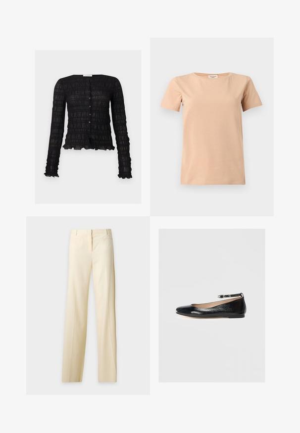 Blouse noire à manches longues avec boutons, motif en grille texturée et bords froncés aux poignets et à l'ourlet.; T-shirt beige manches courtes avec col rond et ourlet droit sur un fond uni gris clair.; Pantalon droit couleur crème avec poches avant et passants pour ceinture, présenté sur un fond blanc uni.; Ballerines noires en cuir avec un bout rond, une bride à la cheville et un petit talon. Texture lisse et design minimaliste.