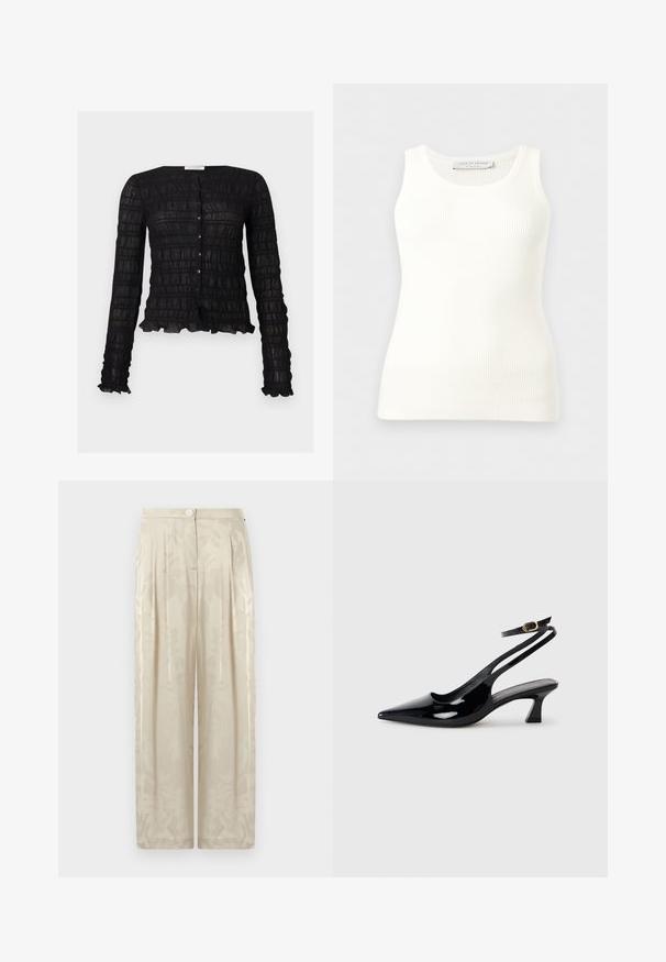 Blouse noire à manches longues avec boutons, motif en grille texturée et bords froncés aux poignets et à l'ourlet.; Débardeur blanc côtelé sans manches avec encolure ronde, coupe ajustée, et étiquette de la marque à l'intérieur du col arrière.; Pantalon beige taille haute à jambes larges avec un motif floral subtil, fermeture avant par boutons et détails plissés.; Escarpins à brides arrière en cuir verni noir, à bout pointu, avec un petit talon carré et une sangle de cheville ajustable dotée d'une boucle dorée.