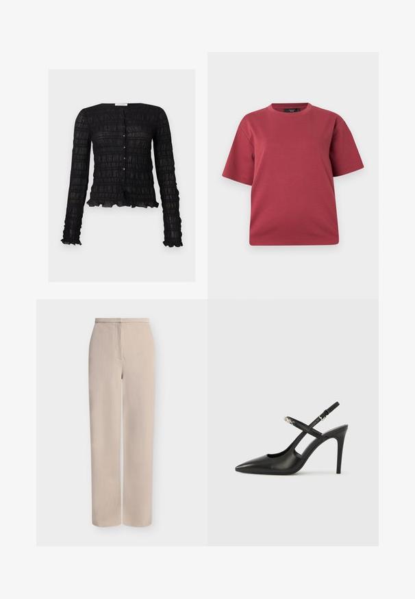 Blouse noire à manches longues avec boutons, motif en grille texturée et bords froncés aux poignets et à l'ourlet.; T-shirt à manches courtes et col rond couleur rose poudré avec une coupe décontractée, présenté sur un fond blanc uni.; Pantalon beige à jambes larges en tissu texturé, avec une couture frontale et une taille simple sans ornements.; Escarpins slingback en cuir noir avec bout pointu, design ajouré et bride ajustable ornée de ferrures métalliques.