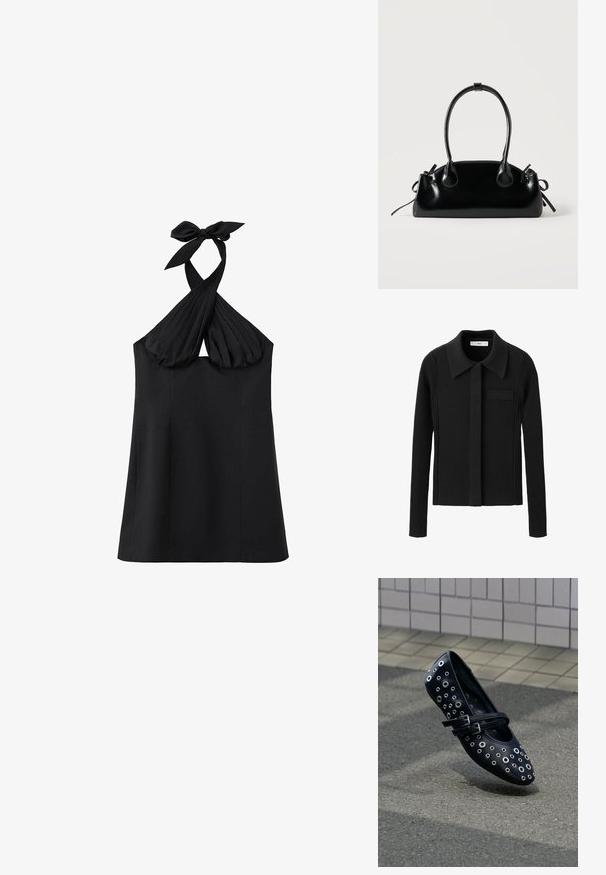 Cardigan en maille noire avec col plat, fermeture à boutons, manches côtelées et poche poitrine. Caractérisé par un tissu texturé et une coupe ajustée.; Haut noir à col halter avec bretelles croisées plissées nouées en nœud au cou et corps lisse à coupe droite.; Chaussure plate en cuir noir avec des découpes circulaires et des œillets décoratifs. Dotée d'une double bride ajustable et d'un design à bout arrondi.; Petit sac à main noir brillant avec deux longues anses et des détails à cordon sur les côtés sur un fond clair uni.