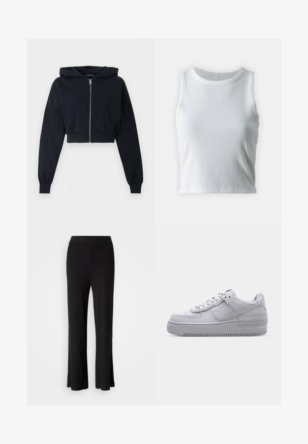 Zwarte cropped hoodie met ritssluiting aan de voorkant, kangoeroezak, lange mouwen en geribde boorden op een effen achtergrond.; Witte geribde tanktop met een ronde halslijn en mouwloos ontwerp, voorzien van een rechte zoom en een gladde, rekbare textuur.; Zwarte geribde broek met wijd uitlopende pijpen en een soepele, elastische tailleband. De stof is zacht en rekbaar, wat zorgt voor comfort.; Grijze Nike Air Force 1 sneaker met geperforeerde neus, glad leren bovenwerk, dikke zool en verhoogde 'AIR' details op de hiel.
