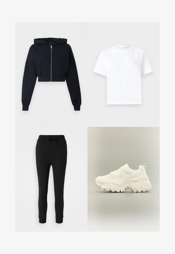 Schwarzer kurzer Hoodie mit Frontreißverschluss, Kängurutasche, langen Ärmeln und gerippten Bündchen auf einfarbigem Hintergrund.; Einfaches weißes kurzärmeliges Baumwoll-T-Shirt mit rundem Ausschnitt und geradem Saum, dargestellt auf weißem Hintergrund.; Even&Odd Petite Jogginghose - black; Weißer klobiger Sneaker mit dicker strukturierter Sohle, Mesh-Einsätzen, Schnürung vorne und Zuglasche an der Ferse auf neutralem Hintergrund.