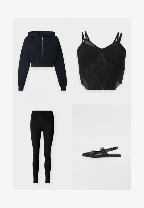 Sweat à capuche court noir avec fermeture éclair à l’avant, poche kangourou, manches longues et poignets côtelés sur fond uni.; Camisole courte en mesh noir avec bretelles doubles réglables et panneaux de bonnet structurés.; Leggings noirs en tissu extensible, avec une taille haute et une coupe ajustée. Texture lisse, sans motifs ni ornements.; Even&Odd by Zalando Ballerines à brides arrière - black