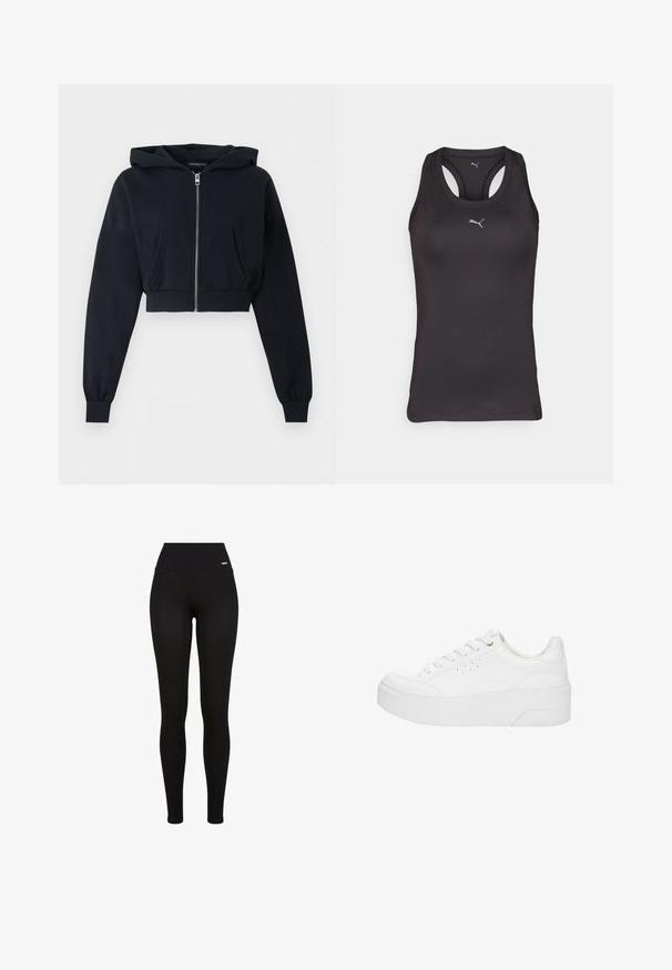 Zwarte cropped hoodie met ritssluiting aan de voorkant, kangoeroezak, lange mouwen en geribde boorden op een effen achtergrond.; Zwarte sportieve tanktop met een racerback ontwerp, gemaakt van gladde stof, met een klein grijs logo op het midden van de voorkant.; Zwarte leggings met een hoge tailleband, rekbaar materiaal, een soepele textuur en een pasvorm die geschikt is voor casual of sportieve kleding.; Witte plateau sneaker met veters aan de voorkant, geperforeerde zijkanten en dikke zool, weergegeven vanaf de buitenkant op een witte achtergrond.