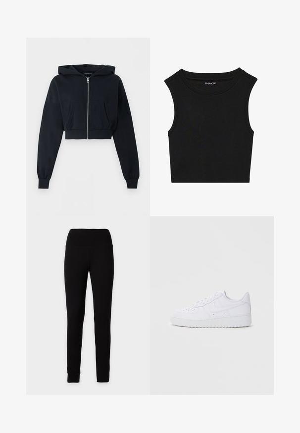Schwarzer kurzer Hoodie mit Frontreißverschluss, Kängurutasche, langen Ärmeln und gerippten Bündchen auf einfarbigem Hintergrund.; Schwarzes ärmelloses Crop-Top mit gerippter Textur. Es hat einen runden Ausschnitt und breite Schulternaht. Hergestellt aus einem dehnbaren Stoff.; Schlichte schwarze High-Waist-Leggings mit figurbetonter Silhouette und knöchellangen Beinen, präsentiert vor neutralem Hintergrund.; Weiße Nike Air Force 1 Sneaker mit Obermaterial aus Leder, runder Zehenpartie, schnürbarer Verschluss, gepolsterter Kragen und strukturiertem Gummisohle.