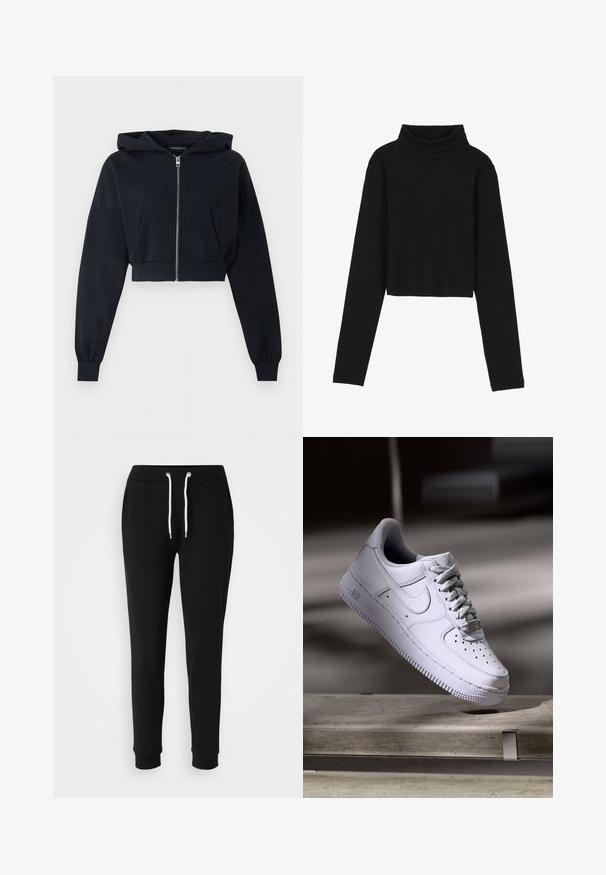 Zwarte cropped hoodie met ritssluiting aan de voorkant, kangoeroezak, lange mouwen en geribde boorden op een effen achtergrond.; Even&Odd by Zalando Longsleeve - black; Zwarte trainingsbroek met een trekkoord in de taille, witte koordaccenten, taps toelopende pijpen en geribde manchetten. Gemaakt van zachte, comfortabele stof.; Witte Nike Air Force 1 sneaker die zweeft boven een betonnen oppervlak met schaduwen in een minimalistische setting.
