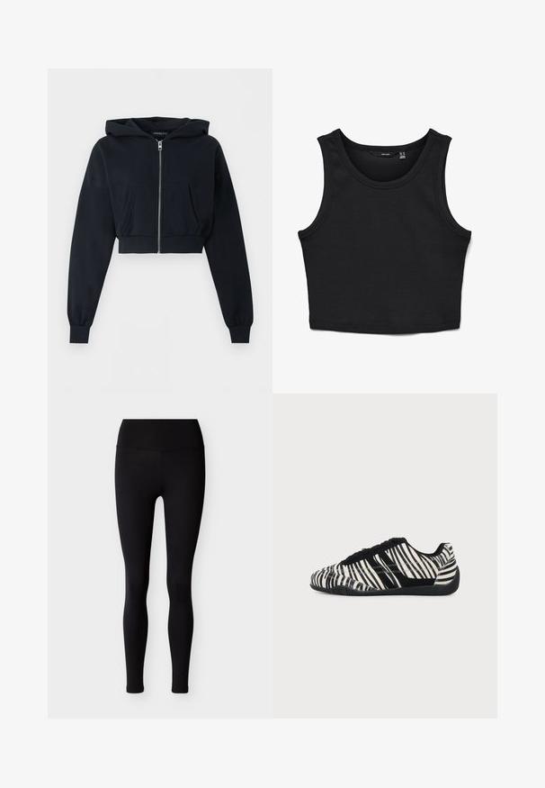 Schwarzer kurzer Hoodie mit Frontreißverschluss, Kängurutasche, langen Ärmeln und gerippten Bündchen auf einfarbigem Hintergrund.; Schwarzes, verkürztes Tanktop aus geripptem Stoff. Verfügt über breite Schulterträger und einen runden Ausschnitt mit schlanker Passform.; Schwarze Leggings aus dehnbarem Stoff mit hohem Bund und figurbetontem Schnitt. Glatte Textur, keine Muster oder Verzierungen.; Even&Odd Sneaker low - zebra