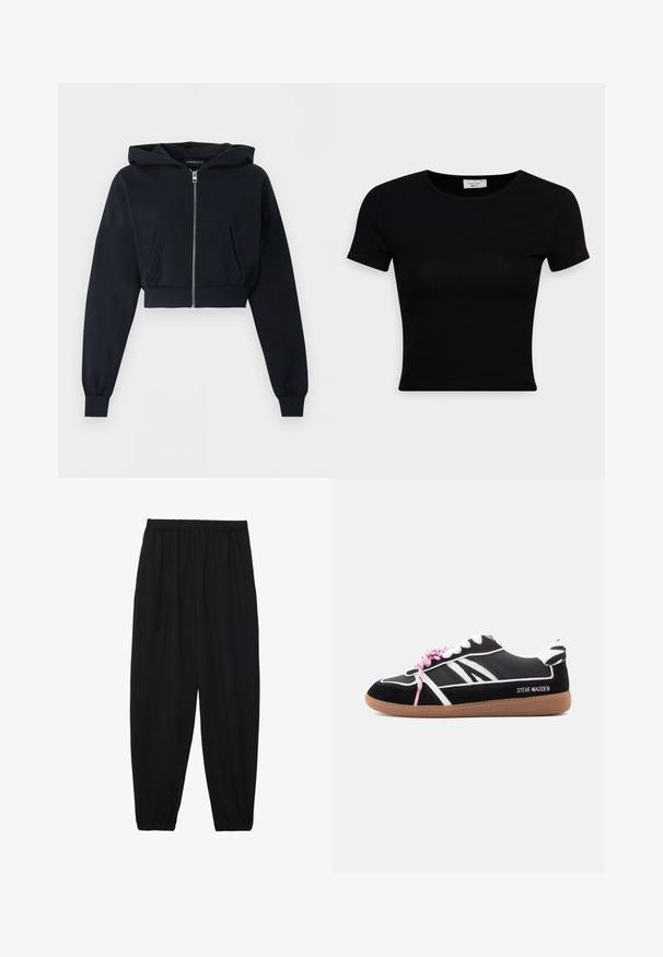 Schwarzer kurzer Hoodie mit Frontreißverschluss, Kängurutasche, langen Ärmeln und gerippten Bündchen auf einfarbigem Hintergrund.; Schwarz, kurzärmliges T-Shirt aus glattem Baumwollstoff, mit rundem Ausschnitt und figurbetontem Schnitt. Minimalistisch ohne sichtbare Muster.; Schwarze, leichte Hosen mit einem elastischen Bund und gerafften Knöcheln. Der Stoff ist glatt und hat ein entspanntes, schmal zulaufendes Design.; Schwarz-weißer Sneaker mit einer Gumsohle. Hat ein glattes Stoff-Obermaterial, pinke Schnürsenkel und eine gemusterte Rückseite. Markenname "Steve Madden" ist sichtbar.