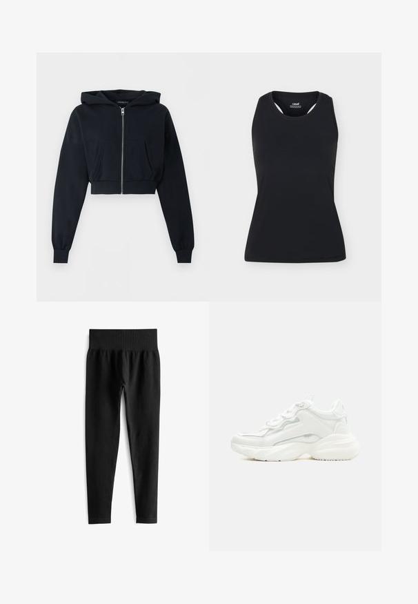 Zwarte cropped hoodie met ritssluiting aan de voorkant, kangoeroezak, lange mouwen en geribde boorden op een effen achtergrond.; Zwarte mouwloze sporttanktop met ronde halslijn en racerback-ontwerp, getoond op een effen lichte achtergrond.; Zwarte geribde legging met een brede, elastische tailleband. De stof lijkt rekbaar en gestructureerd, eindigend net boven de enkel.; Witte chunky sneaker met dikke zool, veters aan de voorkant en een glad bovenwerk van synthetisch materiaal met subtiele stikdetails.