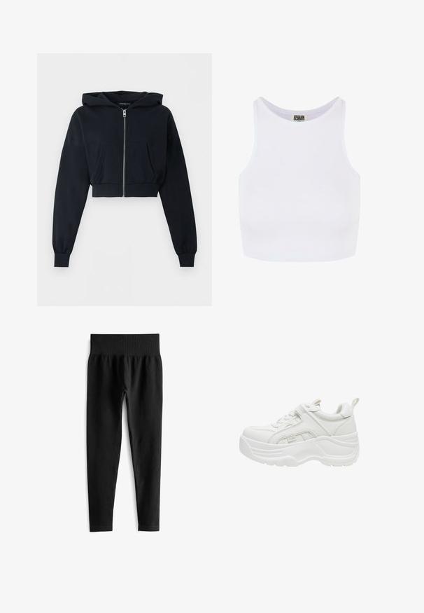 Sort cropped hættetrøje med lynlås foran, kengurulomme, lange ærmer og ribkant ved ærmeenderne på ensfarvet baggrund.; Hvid ribbet cropped tanktop med brede skulderstropper og en rund udskæring. Har en blød tekstur og et minimalistisk design uden mønstre.; Sorte ribbede leggings med en bred, elastisk talje. Stoffet ser strækbart og struktureret ud og slutter lige over anklen.; Hvid chunky sneaker med tyk sål, snørelukning foran, polstret krave og trækstykke på hælen.