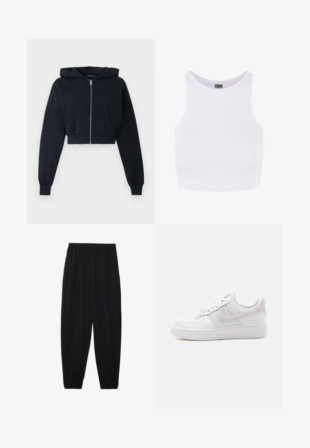 Zwarte cropped hoodie met ritssluiting aan de voorkant, kangoeroezak, lange mouwen en geribde boorden op een effen achtergrond.; Witte geribbelde crop tanktop met brede schouderbanden en een ronde halslijn. Beschikt over een zachte textuur en een minimalistisch ontwerp zonder patronen.; Zwarte, lichte broek met een elastische tailleband en gathered enkels. De stof is glad en heeft een ontspannen, taps toelopend ontwerp.; Witte lage Nike Air Force 1 sneaker met witte veters, perforaties op de neusplaat en een mesh paneel achter het Nike Swoosh-logo.