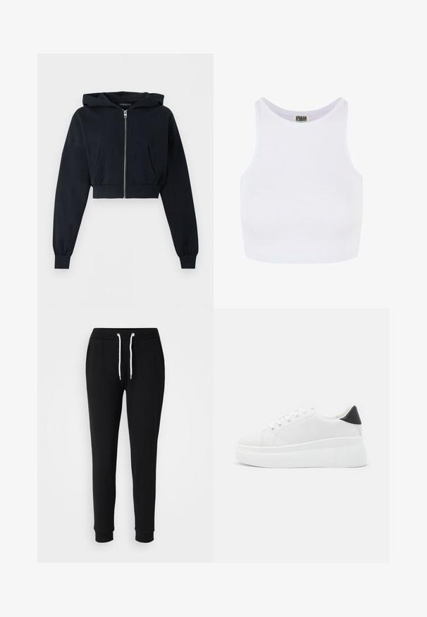 Zwarte cropped hoodie met ritssluiting aan de voorkant, kangoeroezak, lange mouwen en geribde boorden op een effen achtergrond.; Witte geribbelde crop tanktop met brede schouderbanden en een ronde halslijn. Beschikt over een zachte textuur en een minimalistisch ontwerp zonder patronen.; Zwarte trainingsbroek met een trekkoord in de taille, witte koordaccenten, taps toelopende pijpen en geribde manchetten. Gemaakt van zachte, comfortabele stof.; Witte platform sneakers van glad synthetisch materiaal, met een afgeronde neus, vetersluiting en een gestructureerde rubberen zool. Zwarte hielaccent.
