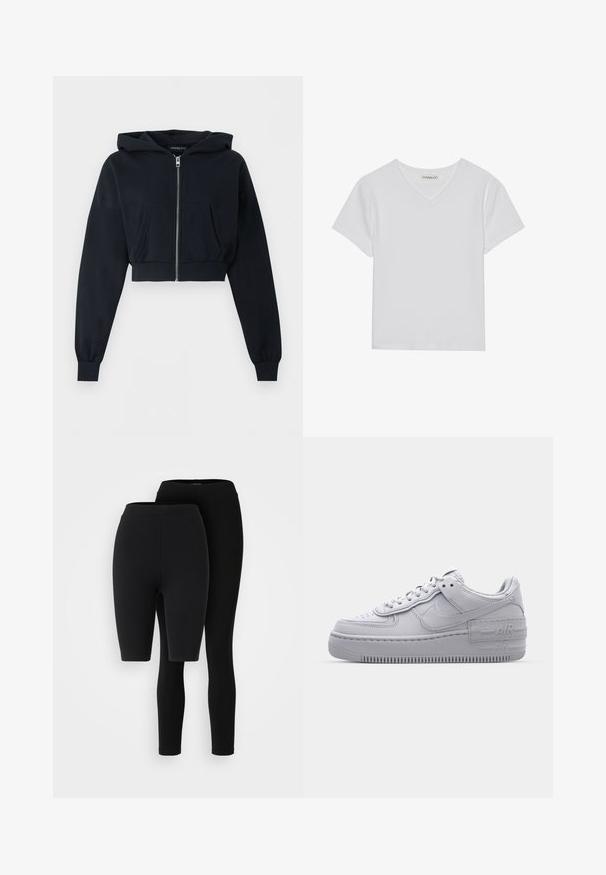 Zwarte cropped hoodie met ritssluiting aan de voorkant, kangoeroezak, lange mouwen en geribde boorden op een effen achtergrond.; Witte T-shirt met korte mouwen en V-hals, gemaakt van ribbelstof. Heeft een strakke ontwerp met een rechte zoom en minimale details.; Twee paar zwarte leggings: één met volle lengte en één met knielengte. Gemaakt van zacht, rekbaar materiaal met een gladde, eenvoudige textuur.; Grijze Nike Air Force 1 sneaker met geperforeerde neus, glad leren bovenwerk, dikke zool en verhoogde 'AIR' details op de hiel.