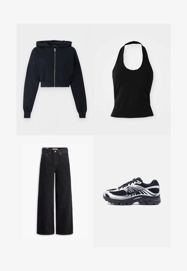 Zwarte cropped hoodie met ritssluiting aan de voorkant, kangoeroezak, lange mouwen en geribde boorden op een effen achtergrond.; Zwarte haltertop gemaakt van zacht materiaal, met een ronde hals en een getailleerde pasvorm, voorzien van een gladde textuur en zonder zichtbare patronen.; Zwarte brede jeans gemaakt van denim, met vijf zakken, koperen klinknagels en een klassieke knoopsluiting. Glad van textuur met een strakke uitstraling.; Zwart-zilveren Nike hardloopschoen met een bovenwerk van mesh, een zool met luchtkussen en veters, zijaanzicht op een witte achtergrond.