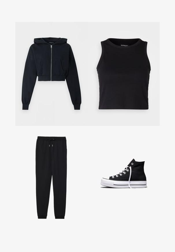 Sort cropped hættetrøje med lynlås foran, kengurulomme, lange ærmer og ribkant ved ærmeenderne på ensfarvet baggrund.; Sort ribbet crop tank top med rund halsudskæring og ærmeløs design. Fremstillet af blødt, strækbart stof, med rene kantede kanter.; Sorte joggerbukser lavet af blødt stof, med en elastisk talje med snor, sidelommer og smalt siddende ankler.; Sort high-top canvas sneaker med hvid gummisål og hvide snørebånd, vist fra siden mod en hvid baggrund.
