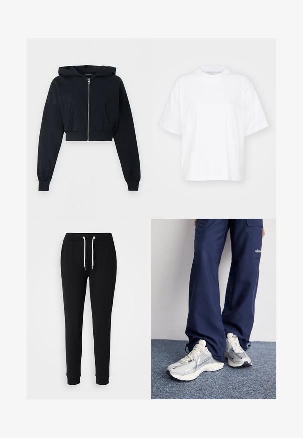 Sweat à capuche court noir avec fermeture éclair à l’avant, poche kangourou, manches longues et poignets côtelés sur fond uni.; T-shirt en coton blanc avec un col rond, des manches courtes et une coupe décontractée. Présente un logo discret sur la zone gauche de la poitrine. Texture lisse.; Pantalons de survêtement noirs avec une taille à cordon, accents en cordon blanc, jambes fuselées et poignets côtelés. Fabriqués à partir d'un tissu doux et confortable.; Baskets de sport Nike avec une tige en maille argentée, des accents blancs et des semelles texturées, associées à un pantalon marine ample.