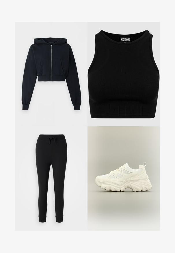 Sweat à capuche court noir avec fermeture éclair à l’avant, poche kangourou, manches longues et poignets côtelés sur fond uni.; Top court côtelé noir avec un col rond et sans manches. Fabriqué en tissu extensible et texturé. Étiquette mentionne "Urban Classics."; Even&Odd Petite by Zalando Pantalon de survêtement - black; Baskets blanches épaisses avec semelle texturée épaisse, panneaux en mesh, laçage à l'avant et languette au talon sur un fond neutre.
