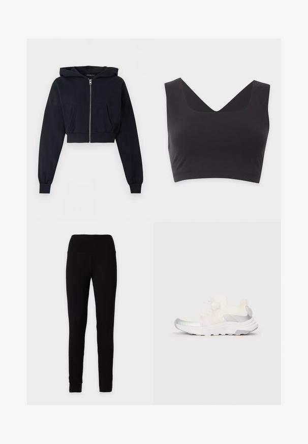 Zwarte cropped hoodie met ritssluiting aan de voorkant, kangoeroezak, lange mouwen en geribde boorden op een effen achtergrond.; Zwart mouwloos crop top met brede bandjes en een diepe V-hals op een egale lichte achtergrond.; Effen zwarte high-waist legging met een aangesloten silhouet en enkellange pijpen, getoond op een neutrale achtergrond.; Witte sportieve sneaker met een textuur bovenkant, metallic zilveren accenten aan de zijkanten en op de neus, en een gevoerde zool. Veters geknoopt in een strik.