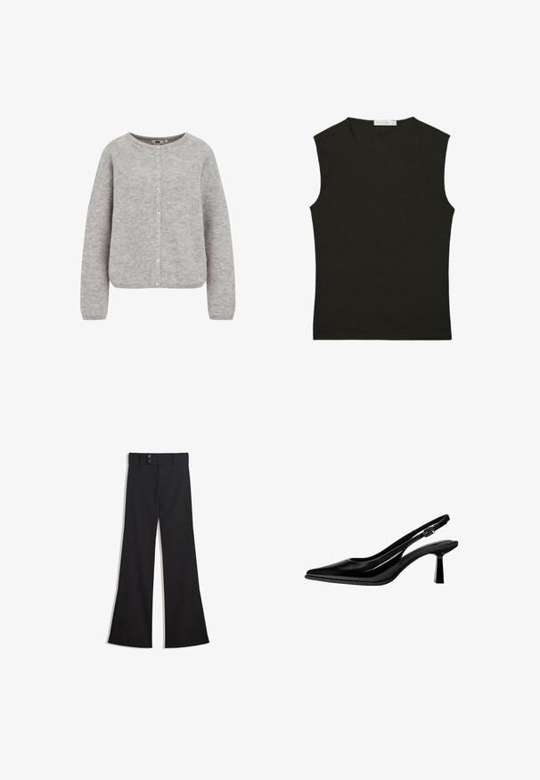 Grå strikket cardigan med rund halsudskæring, knaplukning og lange ærmer. Har et blødt, struktureret stof og en afslappet pasform.; Sort ærmeløs top lavet af glat stof; tætsiddende design med rund halsudskæring; ingen synlige mønstre eller detaljer.; Sorte vidde bukser med høj talje, dobbelte knapper ved linningen og lynlås foran, lagt fladt på en hvid baggrund.; Sort laklæder slingback pump med spids tå, mellemhøj blokhæl og justerbar spænde rem på hvid baggrund.