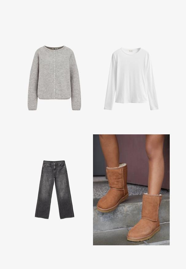 Grijze gebreide cardigan met een ronde halslijn, knoopsluiting en lange mouwen. Beschikt over een zachte, gestructureerde stof en een relaxte pasvorm.; Wit shirt met lange mouwen en ronde hals, regular fit en een zichtbaar merklabel aan de binnenkant van de kraag.; Donkergrijze wijde denim jeans met voor- en achterzakken, knoopsluiting en subtiele vervaagde details.; Bruine suède enkellaarsjes met een ronde neus, zachte voering en een rubberen zool, met zichtbaar stiksel langs de naden.