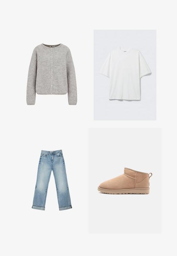 Gilet tricoté gris avec un col rond, une fermeture à boutons et des manches longues. Il se distingue par un tissu doux et texturé et une coupe décontractée.; T-shirt blanc surdimensionné en coton à manches courtes avec col rond et une petite étiquette de marque à l'intérieur du col.; Jean en denim bleu clair à jambes larges avec revers de bas de pantalon et légère usure sur les poches avant et les cuisses.; Botte de cheville en daim beige avec un bout arrondi, une texture douce, un design simple et une semelle en caoutchouc à profil bas. Dispose d'une languette à l'arrière.