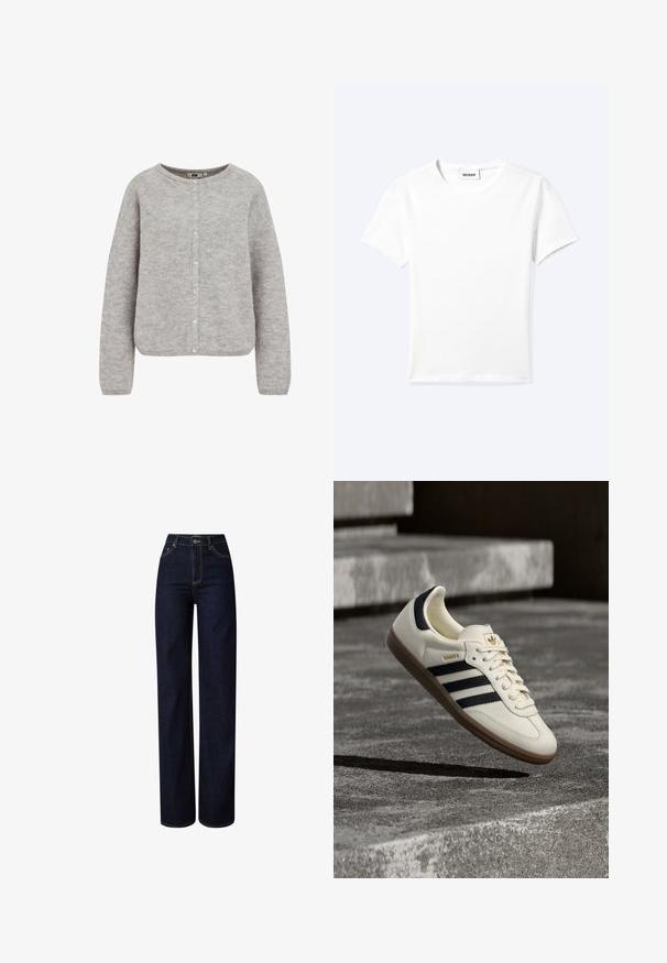 Grijze gebreide cardigan met een ronde halslijn, knoopsluiting en lange mouwen. Beschikt over een zachte, gestructureerde stof en een relaxte pasvorm.; Effen wit T-shirt met korte mouwen en ronde hals met een klein "WEEKDAY" label aan de binnenkant van de hals, plat neergelegd op een lichte achtergrond.; Donkerdenim wijde jeans met een hoge taille, voorzien van contrasterende stiksels, een knoopsluiting en een klassieke vijf-pocketontwerp.; Witte Adidas Samba sneaker met zwarte strepen en gumzool, zwevend boven gestructureerde grijze betonnen treden.