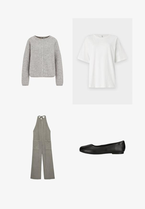 Grå strikket cardigan med rund halsudskæring, knaplukning og lange ærmer. Har et blødt, struktureret stof og en afslappet pasform.; Hvid, kortærmet t-shirt lavet af bomuld. Rund neckline og afslappet pasform. Glat tekstur uden synlige mønstre eller hardwaredetaljer.; Ærmeløs jumpsuit med brede ben i gråt stof med knude foran ved halsen og store firkantede forlommer.; Sort damesko med rund tå, lav hæl og glat læderoverdel.