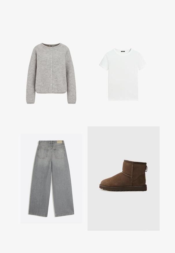Grijze gebreide cardigan met een ronde halslijn, knoopsluiting en lange mouwen. Beschikt over een zachte, gestructureerde stof en een relaxte pasvorm.; Effen wit T-shirt met korte mouwen, een ronde hals en een klein zwart labeltje aan de binnenkant van de kraag.; Grijze wijde denim jeans met achterkant met twee zakken en riemlussen plat op een witte achtergrond gelegd.; UGG CLASSIC MINI II - Snowboots - dusted cocoa
