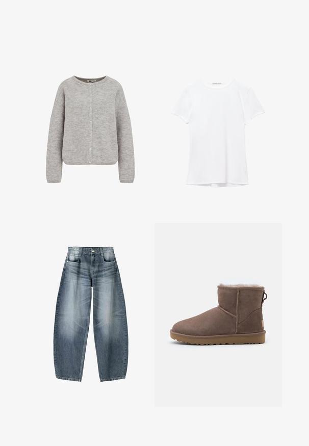 Grå strikket cardigan med rund halsudskæring, knaplukning og lange ærmer. Har et blødt, struktureret stof og en afslappet pasform.; Hvid kortærmet t-shirt lavet af glat stof, med rund halsudskæring og diskrete syninger ved kanten.; Bredde jeans lavet af lyseblå denim med falmning, der har et fem-lomme design, knaplukning og minimale syninger.; Brune ruskind ankelstøvle med blødt fleecefôr, rund tå, stikninger og en struktureret gummisål for godt greb.