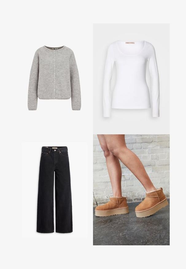 Grauer gestrickter Cardigan mit einem runden Ausschnitt, Knopfverschluss und langen Ärmeln. Aus einem weichen, strukturierten Stoff mit einer lockeren Passform.; Langärmliges, weißes Baumwoll-T-Shirt mit einem U-Ausschnitt und einer figurbetonten Passform, glatter Textur und ohne Verzierung.; Schwarze weite Jeans aus Denim mit fünf Taschen, Kupferrivets und einem klassischen Knopfverschluss. Glatte Textur mit einem klaren Design.; Braune Wildleder-Stiefeletten mit einem weichen Futter, dicker beige Plateau-Sohle und einer Zuglasche auf der Rückseite. Strukturiert Oberfläche mit sichtbaren Nähdetails.