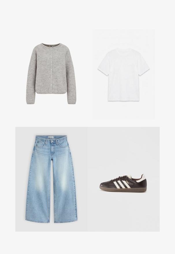 Grå strikket cardigan med rund halsudskæring, knaplukning og lange ærmer. Har et blødt, struktureret stof og en afslappet pasform.; Hvid ensfarvet t-shirt med korte ærmer og rund hals, lagt fladt på en hvid baggrund.; Lyseblå højttaljede vidbenede jeans med forlommer, bæltestropper og falmede områder på lårene, lagt fladt på en lys baggrund.; Mørkebrune lædersneakers med hvidt tre-stribet design, en gummisål og "Samba" i gyldne bogstaver på siden. Klassisk lavtopform.