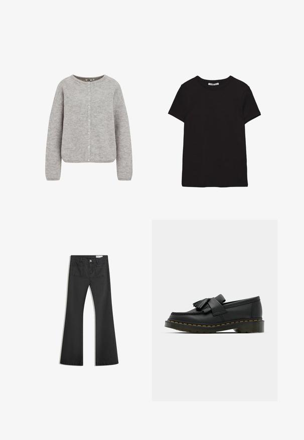 Grå strikket cardigan med rund halsudskæring, knaplukning og lange ærmer. Har et blødt, struktureret stof og en afslappet pasform.; Sort kortærmet t-shirt i bomuld med rund halsudskæring, standard pasform og synlig indvendig halsmærkat.; Sorte flared jeans lavet af denim med en glat tekstur, som har to baglommer og en knaplukning i taljen.; Sorte læder loafers med rund tå, der har frynse detaljer og et dekorativt bånd på tværs af fronten, sat på en kraftig hæl.