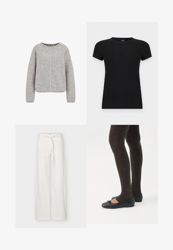 Grå strikket cardigan med rund halsudskæring, knaplukning og lange ærmer. Har et blødt, struktureret stof og en afslappet pasform.; Sort T-shirt til kvinder med korte ærmer og rund hals, med tætsiddende pasform, vist på en ensartet lys baggrund.; Hvide bukser med brede ben, frontlommer og et stofbælte bundet i taljen, vist på en ensfarvet baggrund.; Ben iført mørke ribbede leggings kombineret med sorte balletsko med små sløjfedetaljer på hvid baggrund.
