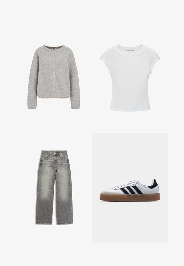 Grijze gebreide cardigan met een ronde halslijn, knoopsluiting en lange mouwen. Beschikt over een zachte, gestructureerde stof en een relaxte pasvorm.; Witte katoenen T-shirt met korte, opgerolde mouwen, een ronde halslijn en een rechte zoom. Gladde textuur zonder zichtbare patronen of accenten.; Grijze rechte spijkerbroek met voor- en achterzakken, knoop- en ritssluiting en subtiele vervaagde wasdetails.; Witte leren sneakers met zwarte strepen, gumrubberen buitenzool, ronde neus, vetersluiting en een zachte grijze suède neuskap.