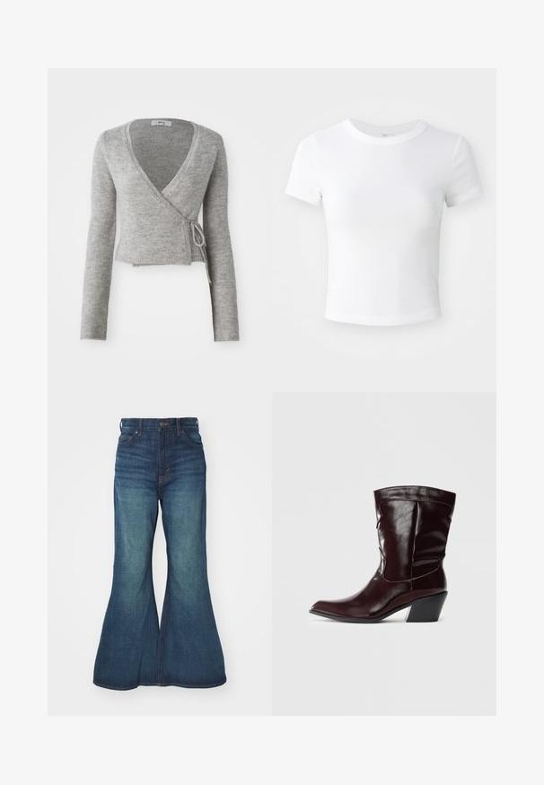 Cardigan enroulé gris en matière tricot douce, avec des manches longues, un décolleté en V profond et un détail à nouer à la taille.; T-shirt courte à manches courtes, blanche, avec un col rond, présentée sur un fond neutre et lumineux.; Jean en denim évasé de bleu moyen, présentant une taille haute, un design à cinq poches et des coutures contrastées. Texture lisse avec un léger délavage.; Bottines en cuir bourgogne avec un bout pointu, une surface texturée et un petit talon effilé. Présente une couture discrète et un ajustement confortable.