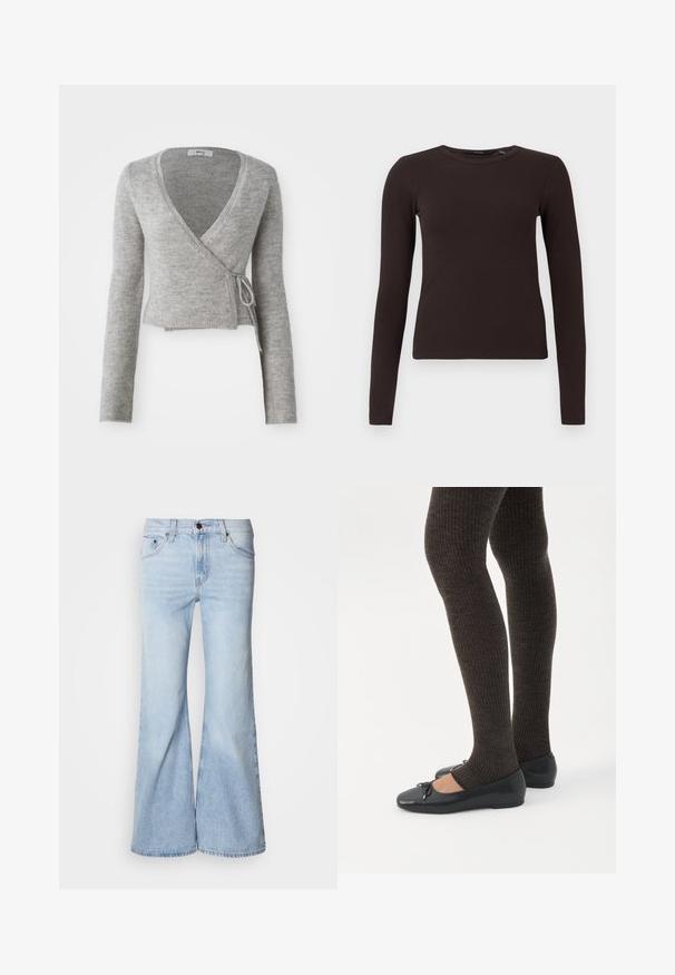 Cardigan enroulé gris en matière tricot douce, avec des manches longues, un décolleté en V profond et un détail à nouer à la taille.; Haut à col rond à manches longues côtelé, marron foncé, avec une silhouette ajustée, présenté sur un fond blanc uni.; Jean évasé bleu clair, avec une taille haute, en tissu denim, cinq poches et une fermeture par bouton. Les jambes sont larges et présentent une légère décoloration.; Jambes portant des leggings côtelés foncés associés à des ballerines noires avec de petits détails en nœud sur fond blanc.