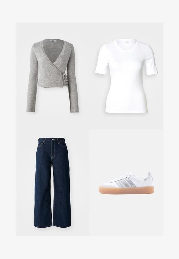 Grijze wikkelcardigan van zacht breigoed, met lange mouwen, een diepe V-hals en een strikdetail op de taille.; Wit T-shirt met korte mouwen van glad katoen, met een ronde halslijn en een aangesloten pasvorm. Klassiek ontwerp, zonder patronen of accenten.; Brede pijp donkerblauwe denim jeans met contrasterende stiksels, vijf-pocket ontwerp en een knoopsluiting in de taille.; Witte lage sneaker met gumzool, zilverkleurige gestreepte zijkanten en veterluiting, afgebeeld tegen een effen lichte achtergrond.